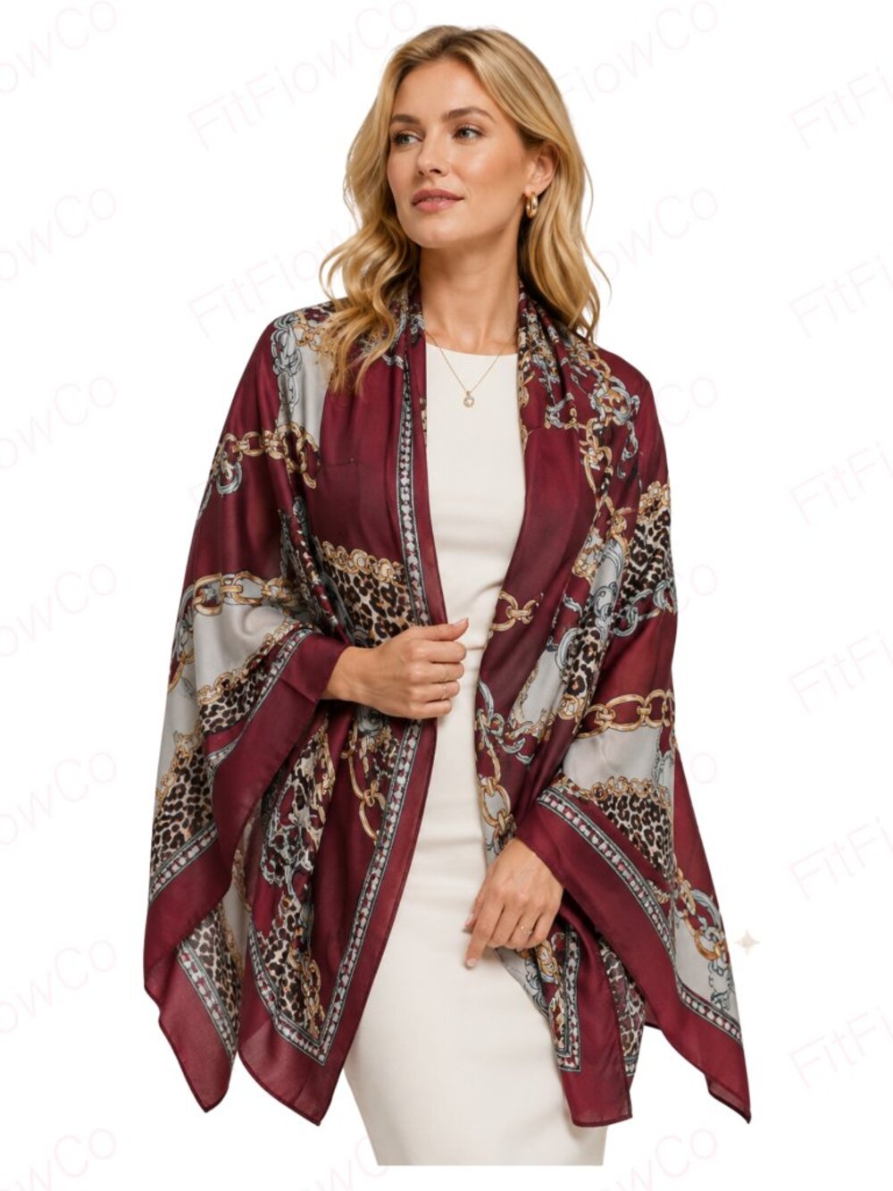 NWT Jessica McClintock Burgundy Baroque Leopard Satin Scarf Wrap 35x70